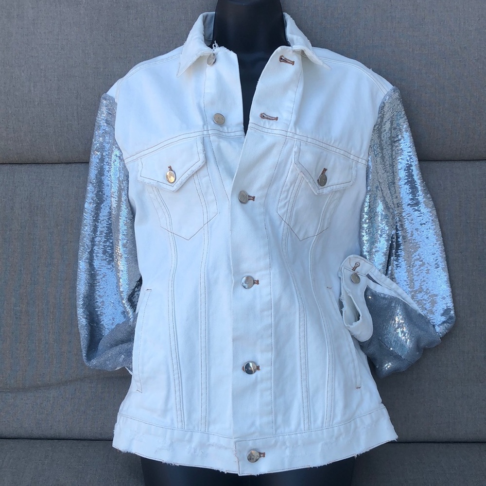 IRO White Distressed Denim Jacket with Silver Sequin Accents (NWT)